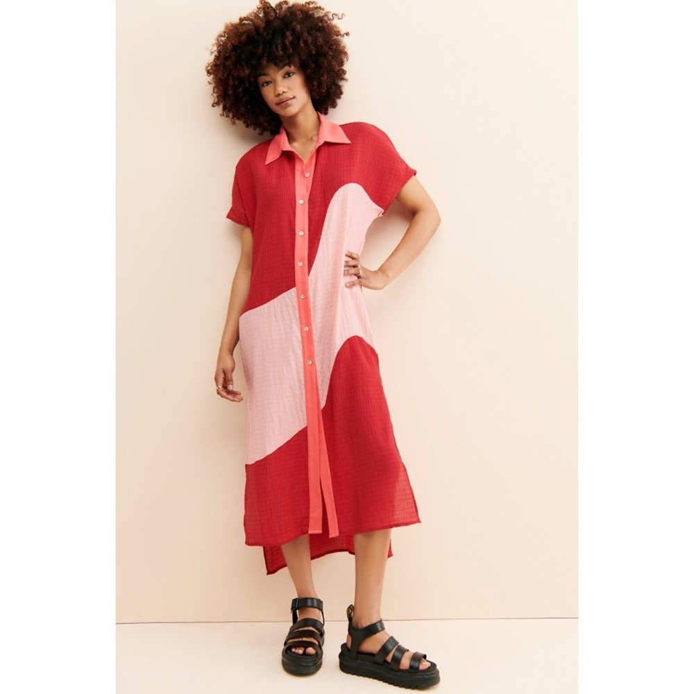 Margo Baridon | Lilo Colorblock Textured Shirt Dress M Red Pink Wavy Midi Slit
